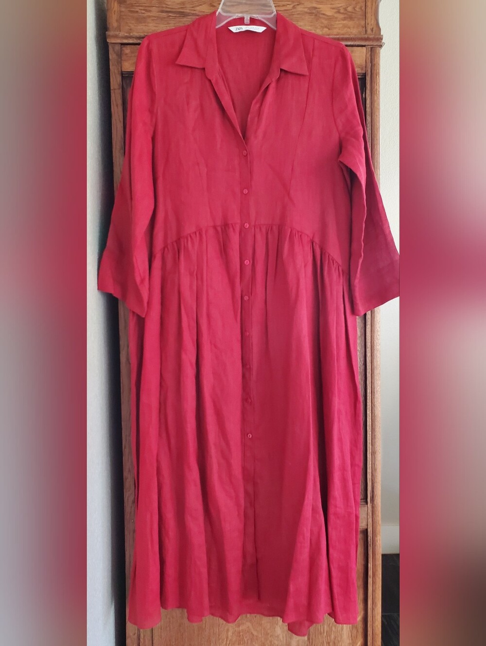 ZARA RED DROP WAIST LINEN MIDI DRESS SMALL